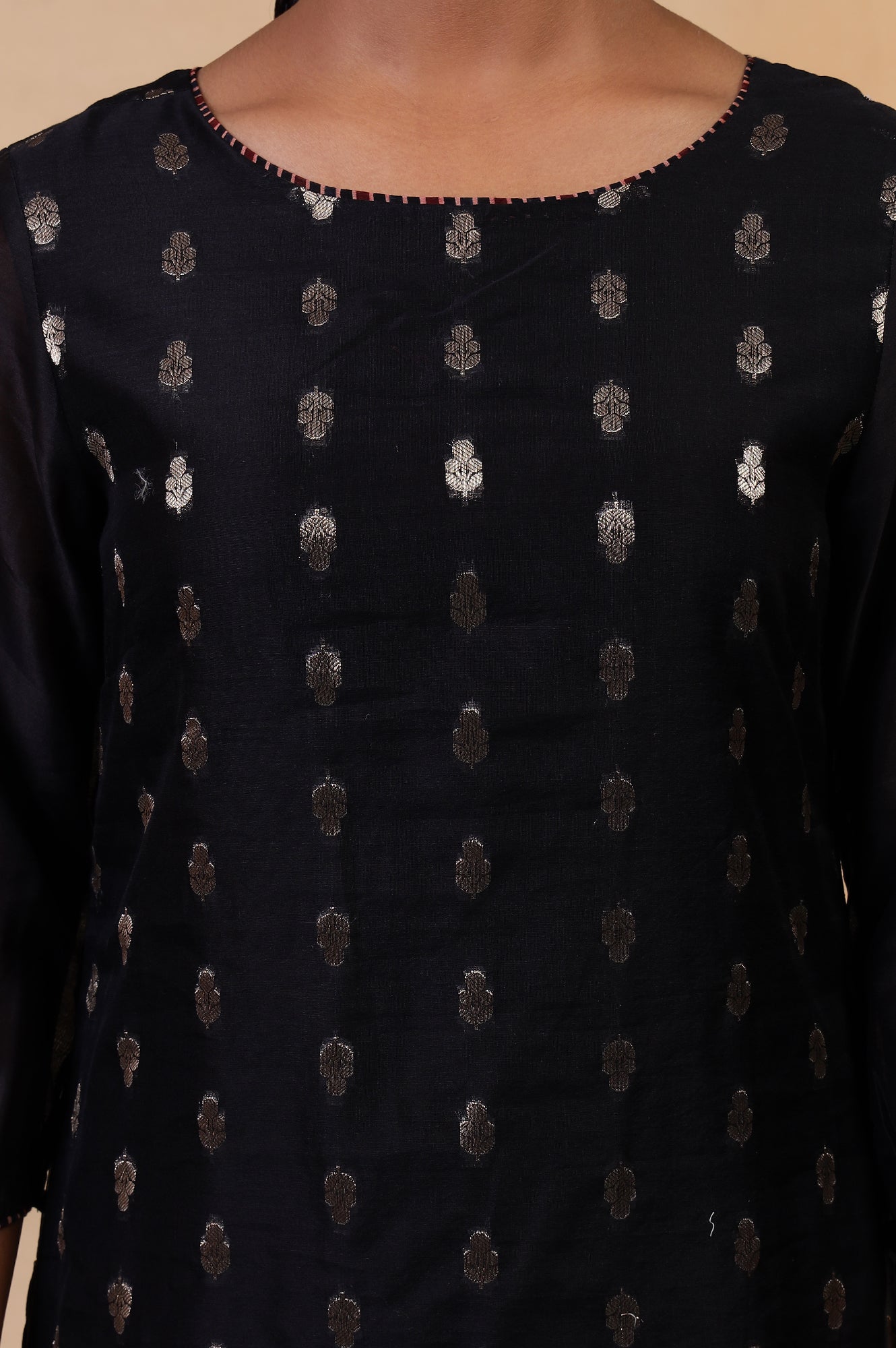 Folksong Jet Black Ethnic Motif Metallic Embroidered Cotton Silk Kurta