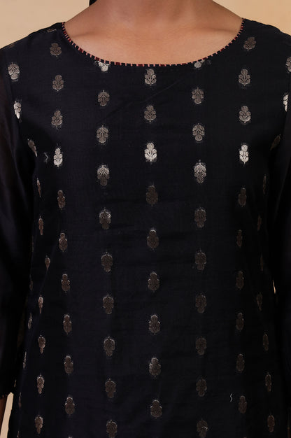 Folksong Jet Black Ethnic Motif Metallic Embroidered Cotton Silk Kurta