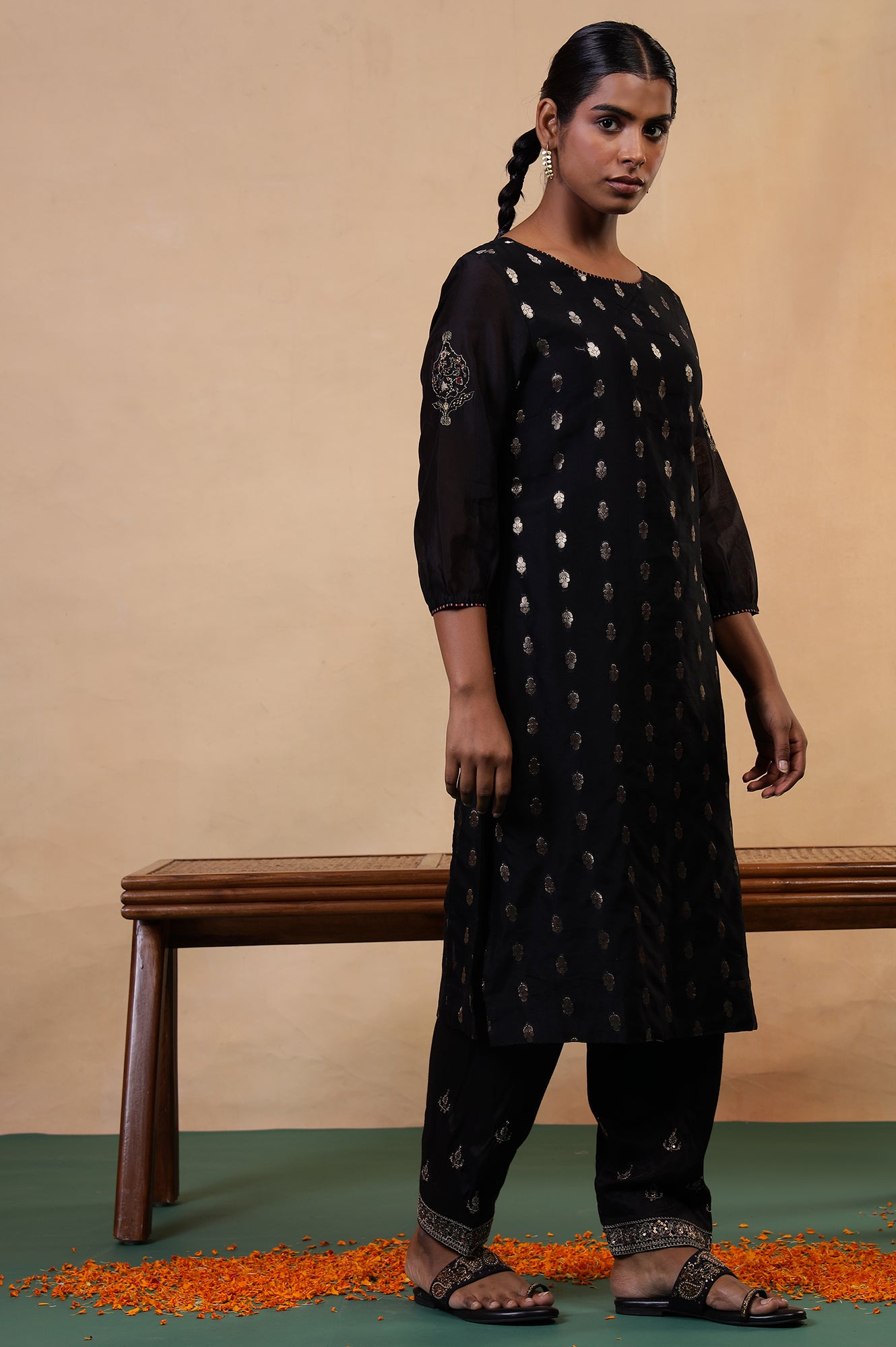 Folksong Jet Black Ethnic Motif Metallic Embroidered Cotton Silk Kurta