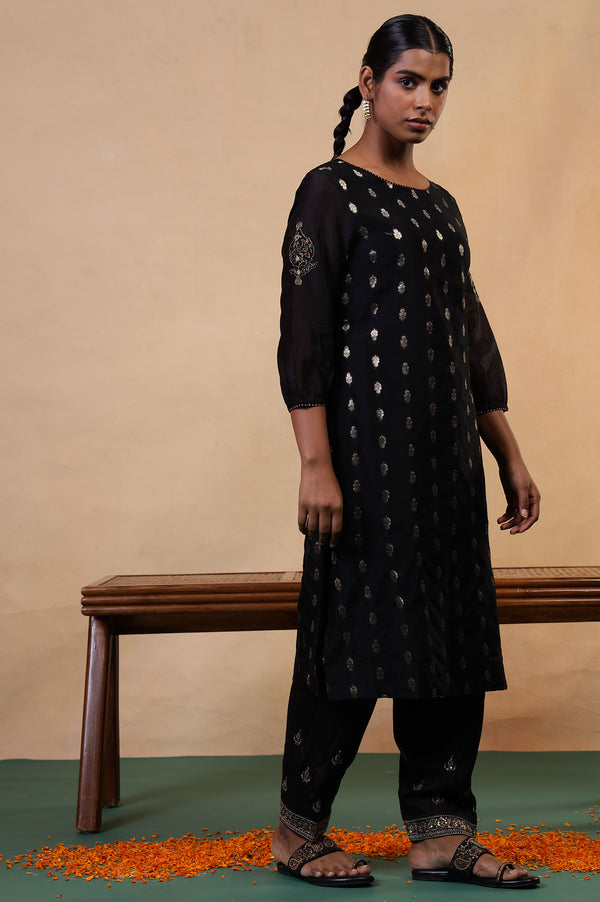 Folksong Jet Black Ethnic Motif Metallic Embroidered Cotton Silk Kurta