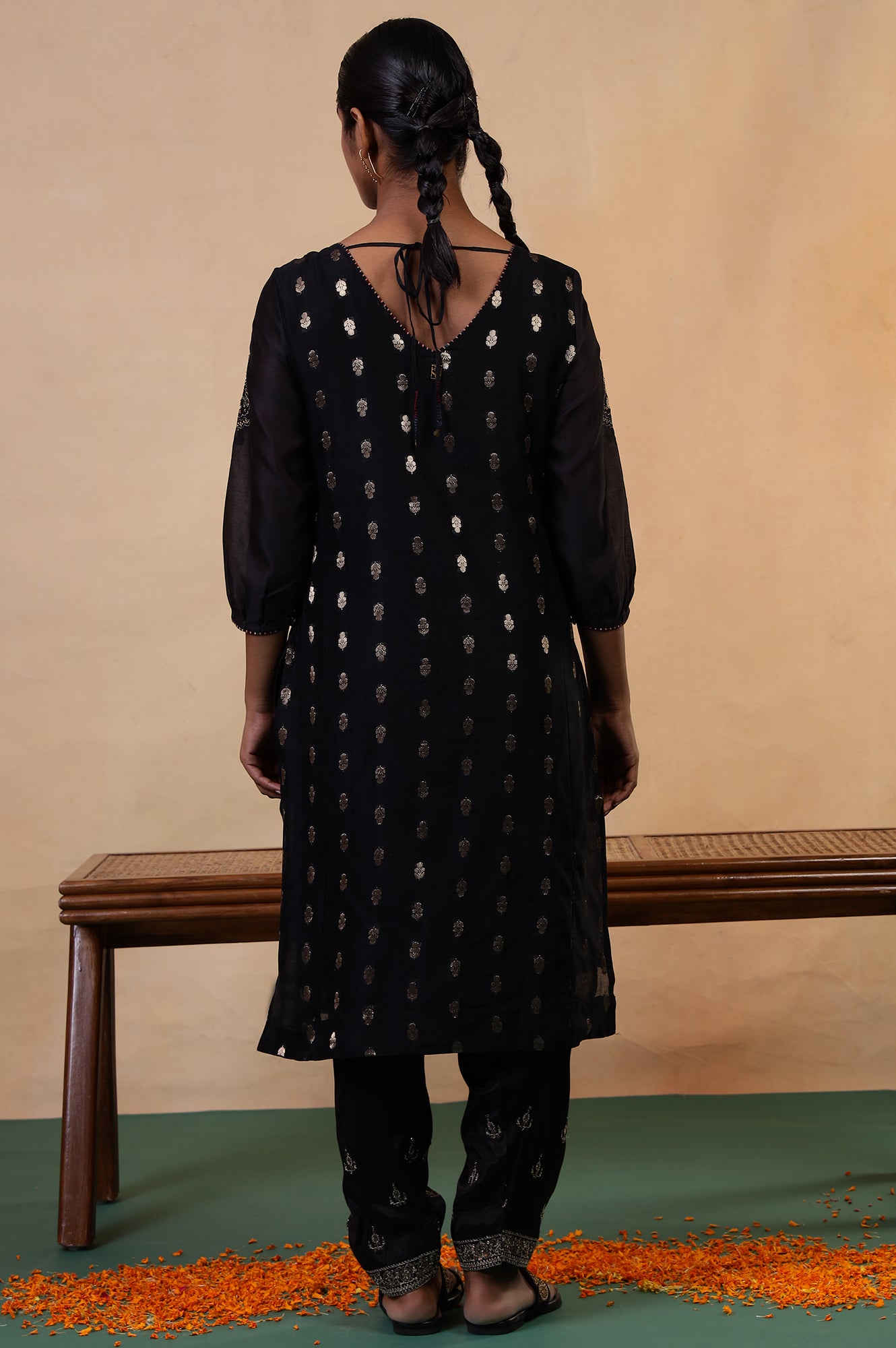 Folksong Jet Black Ethnic Motif Metallic Embroidered Cotton Silk Kurta