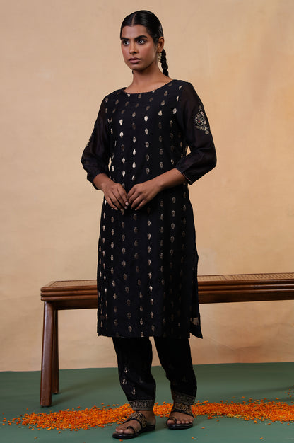 Folksong Jet Black Ethnic Motif Metallic Embroidered Cotton Silk Kurta