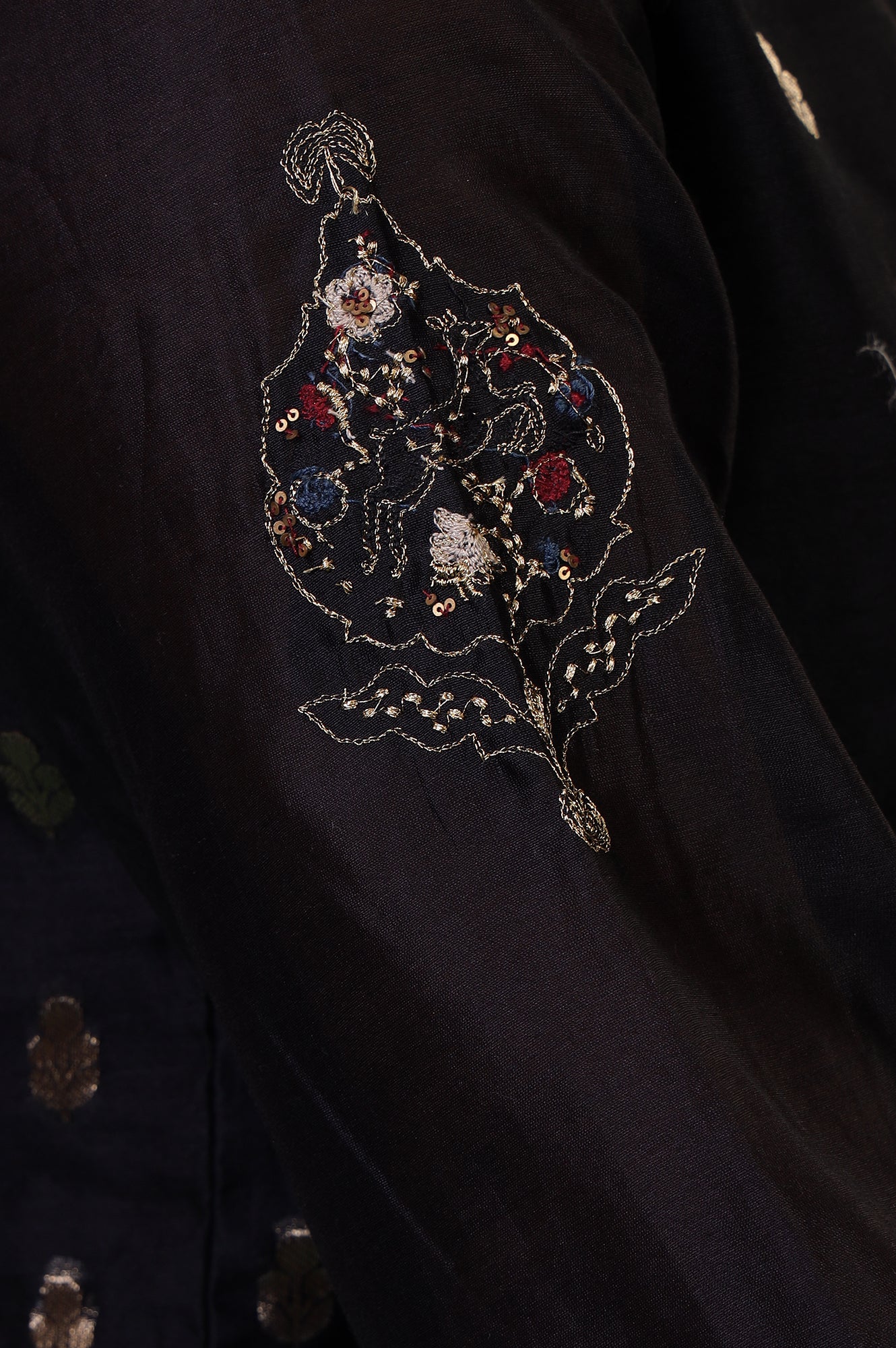 Folksong Jet Black Ethnic Motif Metallic Embroidered Cotton Silk Kurta