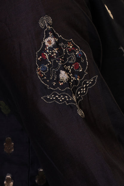 Folksong Jet Black Ethnic Motif Metallic Embroidered Cotton Silk Kurta