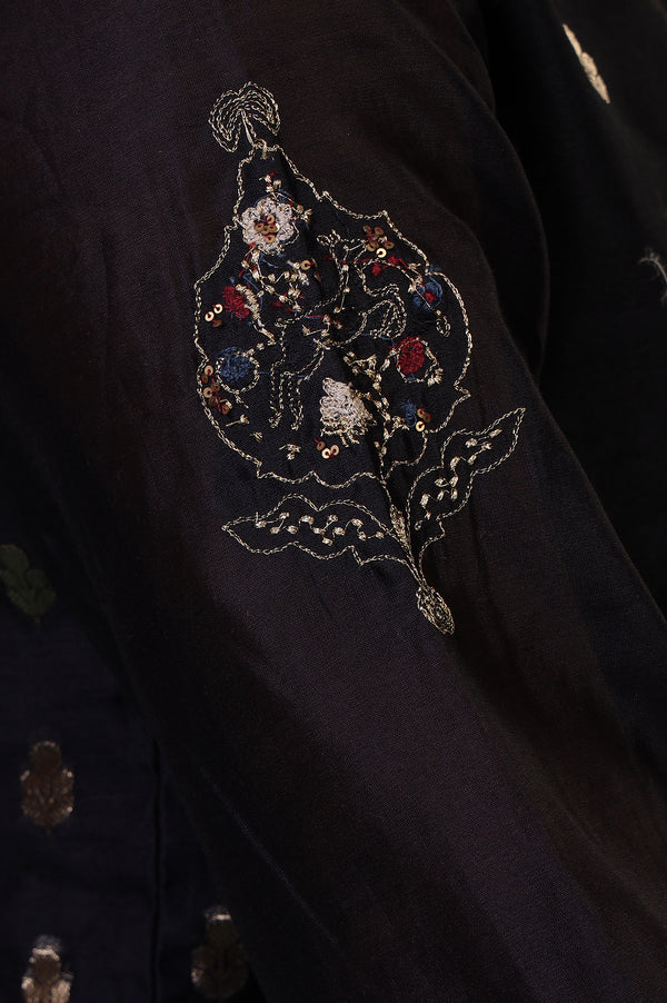 Folksong Jet Black Ethnic Motif Metallic Embroidered Cotton Silk Kurta