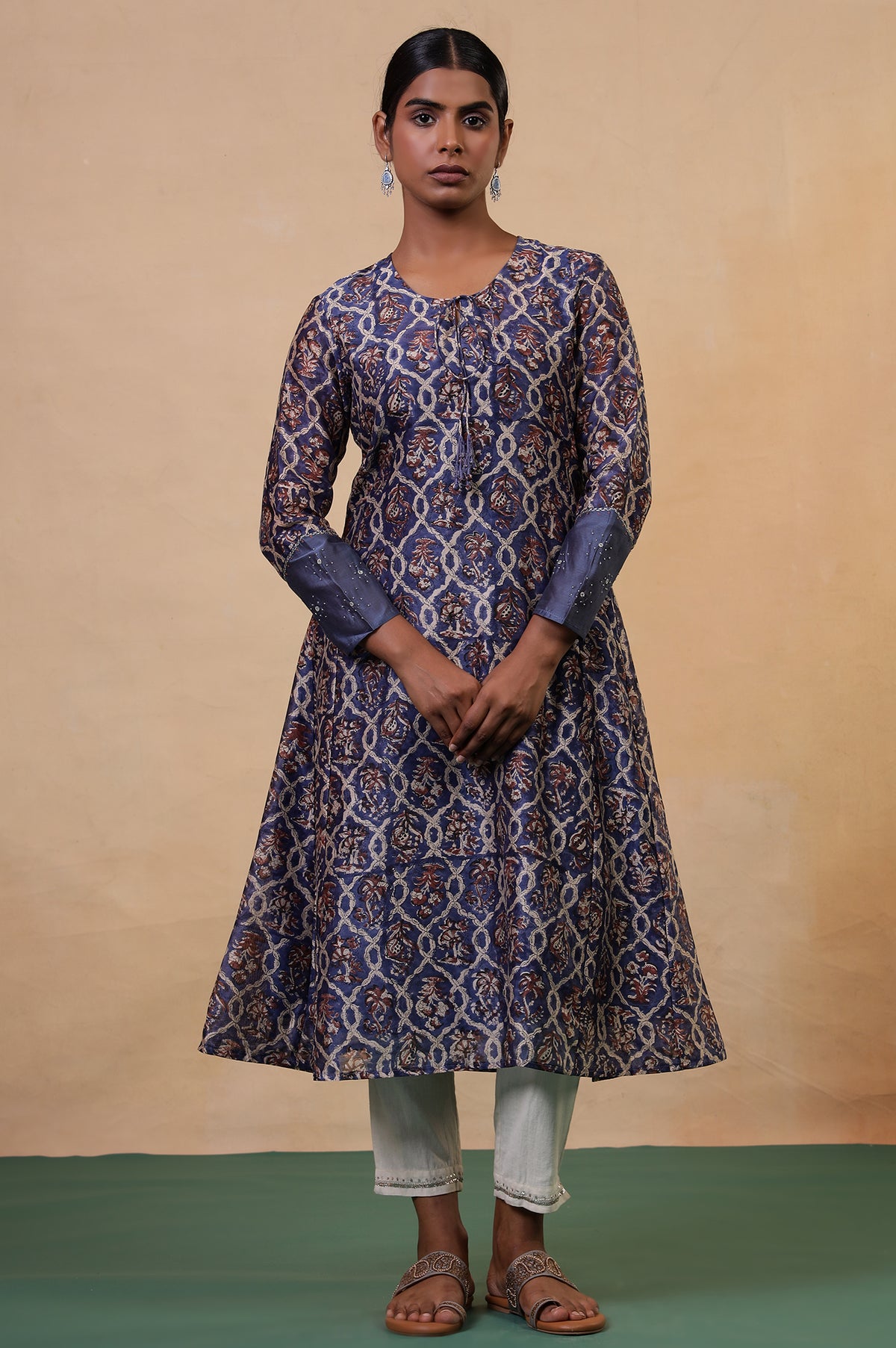 Folksong Classic Blue Cotton-Silk Flared Floral Beaded Anarkali Kurta - XS