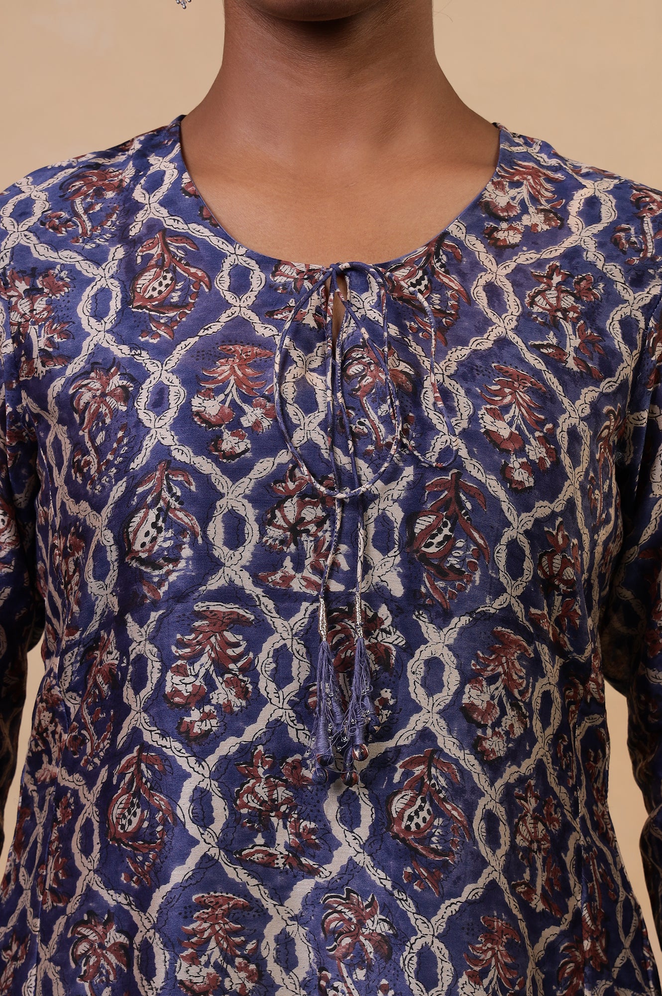 Folksong Classic Blue Cotton-Silk Flared Floral Beaded Anarkali Kurta