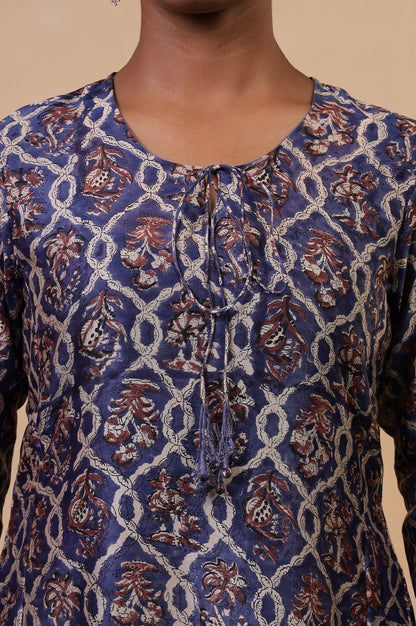 Folksong Classic Blue Cotton-Silk Flared Floral Beaded Anarkali Kurta