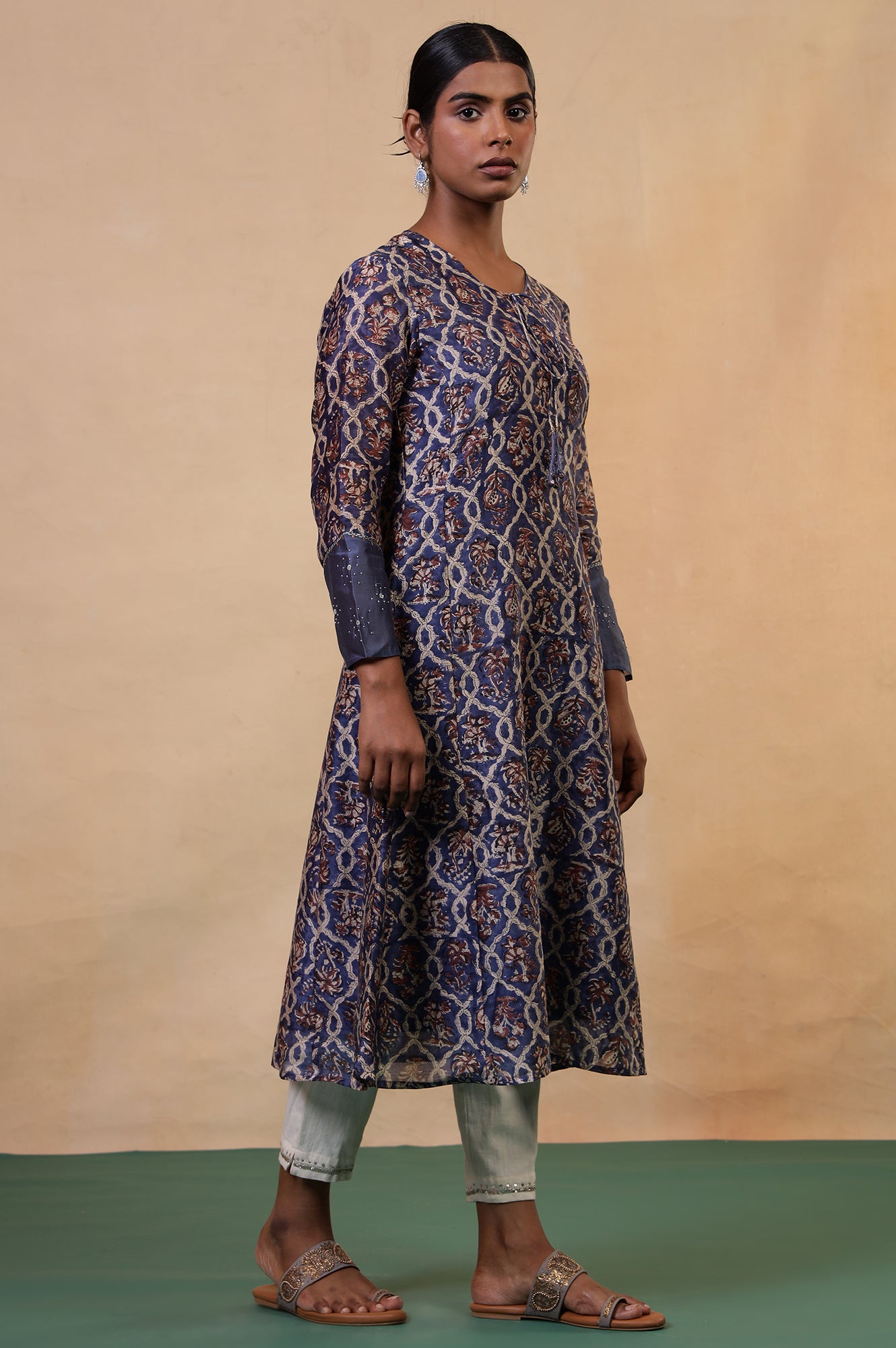 Folksong Classic Blue Cotton-Silk Flared Floral Beaded Anarkali Kurta