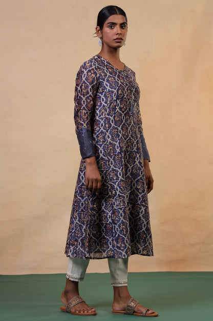 Folksong Classic Blue Cotton-Silk Flared Floral Beaded Anarkali Kurta