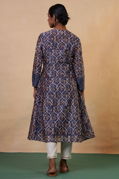 Folksong Classic Blue Cotton-Silk Flared Floral Beaded Anarkali Kurta