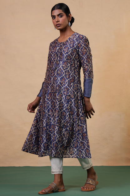 Folksong Classic Blue Cotton-Silk Flared Floral Beaded Anarkali Kurta