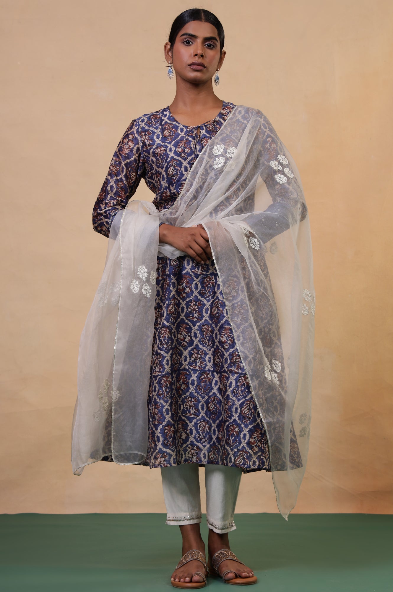 Folksong Classic Blue Cotton-Silk Flared Floral Beaded Anarkali Kurta