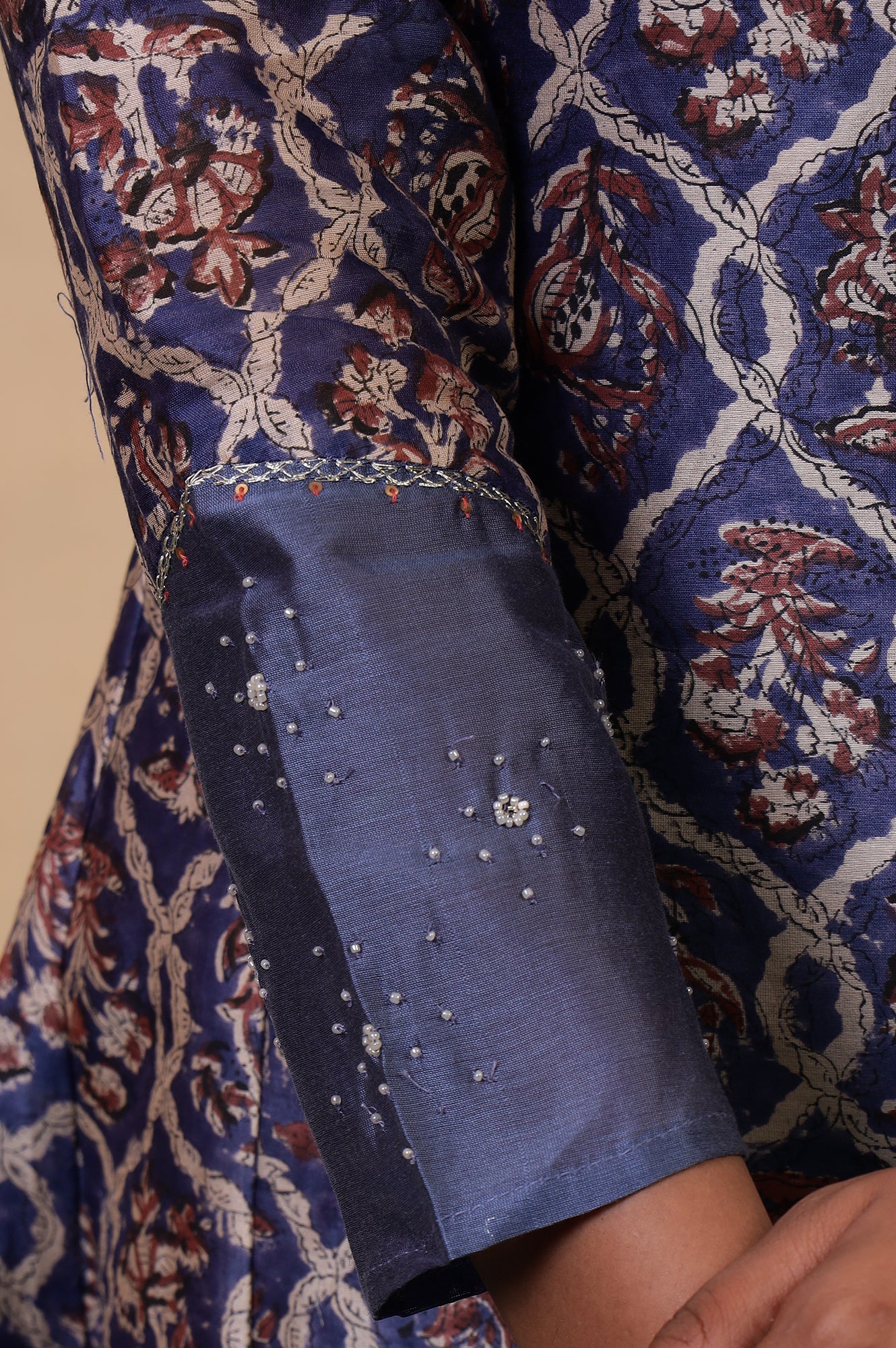 Folksong Classic Blue Cotton-Silk Flared Floral Beaded Anarkali Kurta