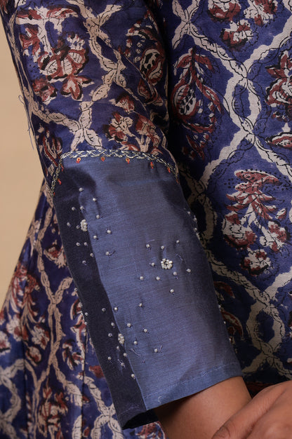 Folksong Classic Blue Cotton-Silk Flared Floral Beaded Anarkali Kurta