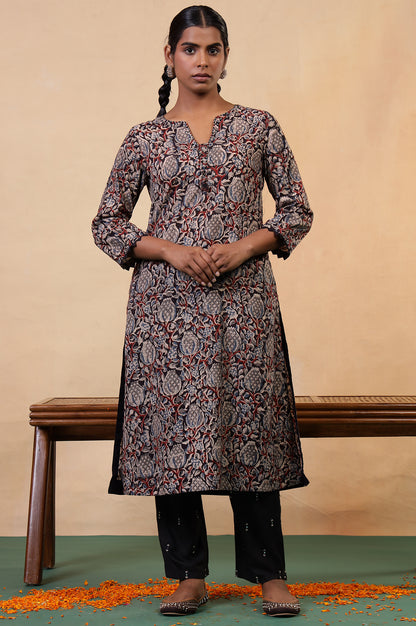 Folksong Black Iron Floral Mirror Work A-Line Cotton Kurta