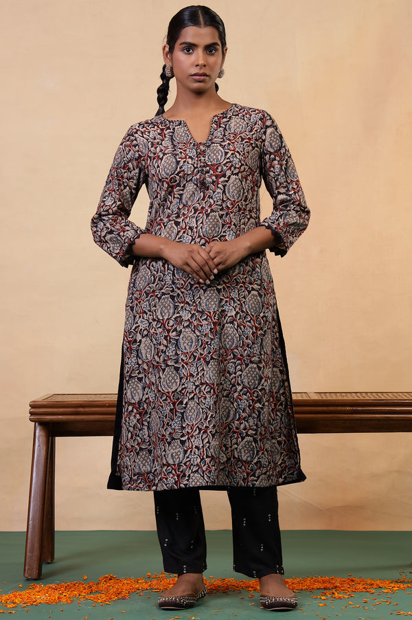 Folksong Black Iron Floral Mirror Work A-Line Cotton Kurta