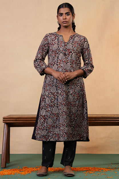 Folksong Black Iron Floral Mirror Work A-Line Cotton Kurta