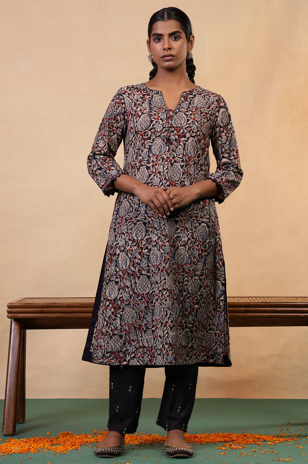 Folksong Black Iron Floral Mirror Work A-Line Cotton Kurta