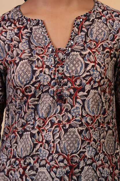 Folksong Black Iron Floral Mirror Work A-Line Cotton Kurta