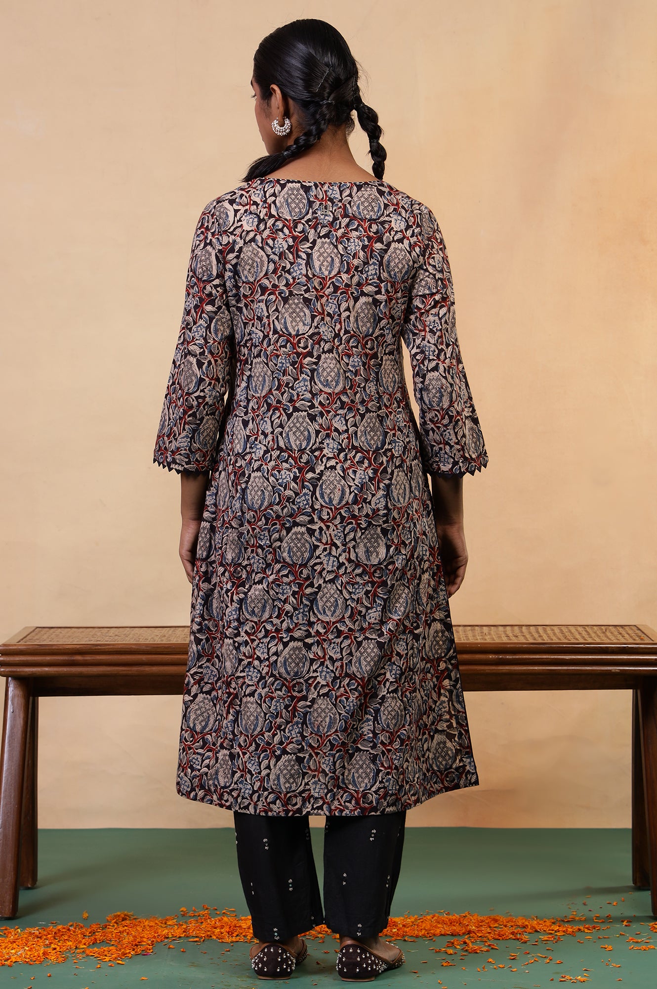 Folksong Black Iron Floral Mirror Work A-Line Cotton Kurta