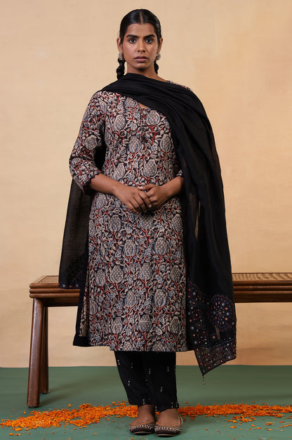 Folksong Black Iron Floral Mirror Work A-Line Cotton Kurta