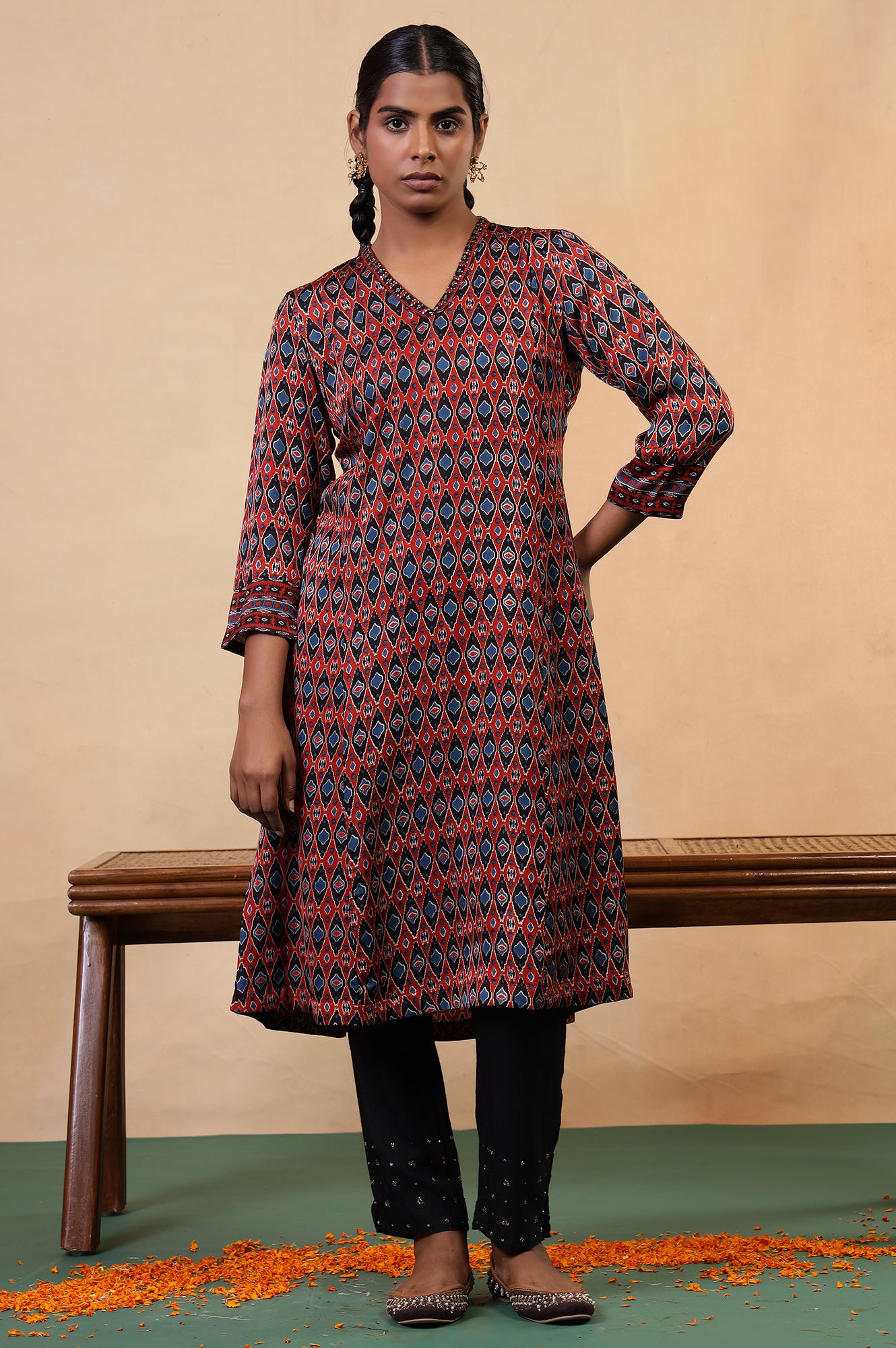 Folksong Red Clay Aztec Sequin Embellished Viscose A-Line Ajrakh Kurta