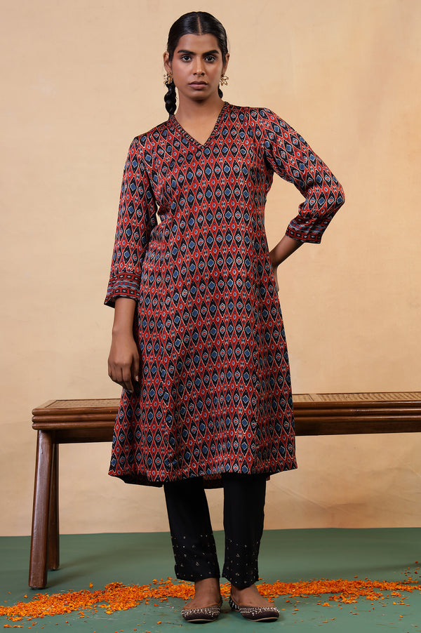 Folksong Red Clay Aztec Sequin Embellished Viscose A-Line Ajrakh Kurta