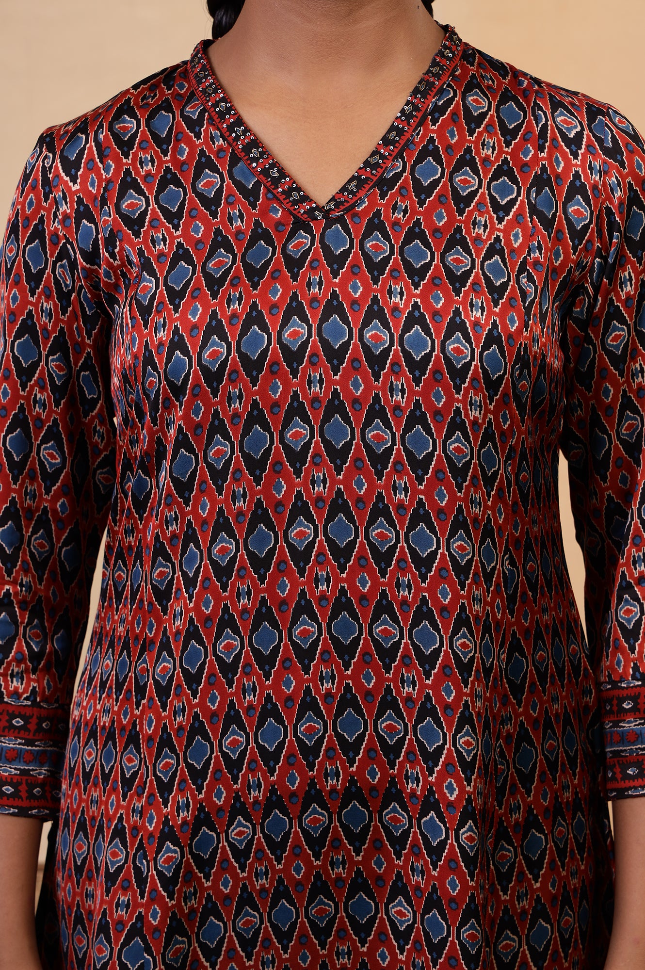 Folksong Red Clay Aztec Sequin Embellished Viscose A-Line Ajrakh Kurta