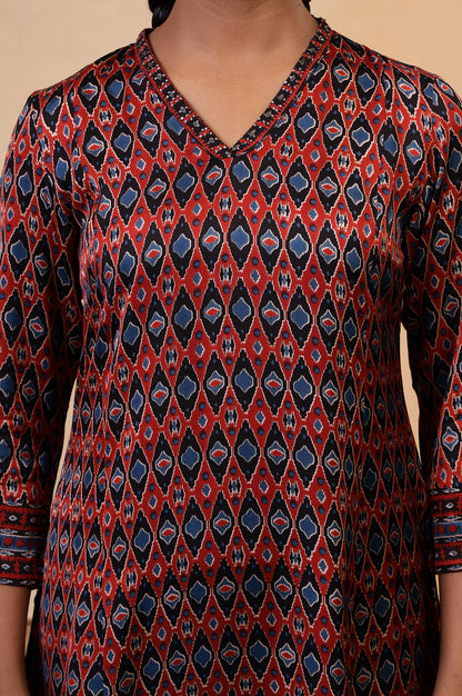 Folksong Red Clay Aztec Sequin Embellished Viscose A-Line Ajrakh Kurta