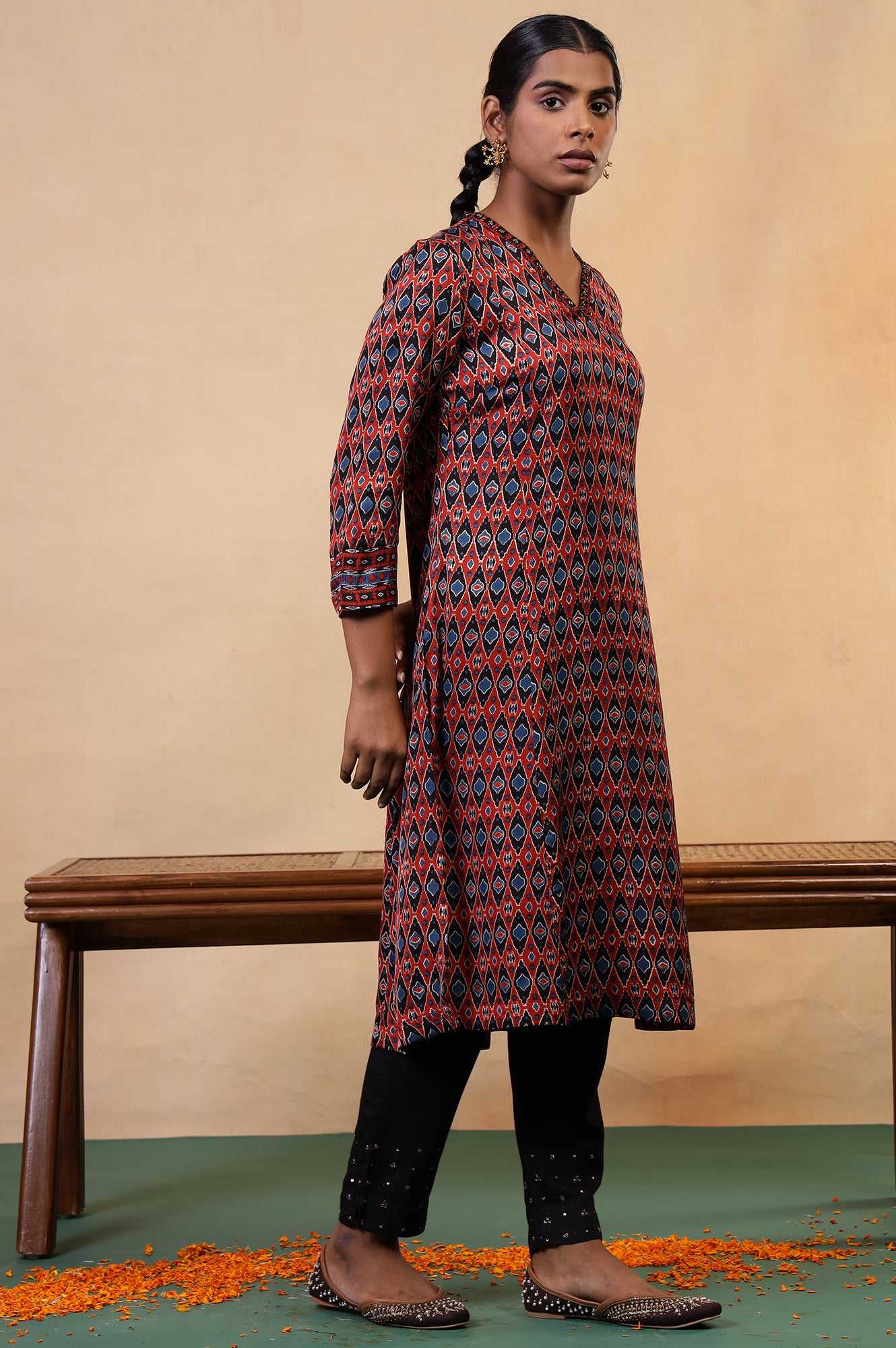 Folksong Red Clay Aztec Sequin Embellished Viscose A-Line Ajrakh Kurta