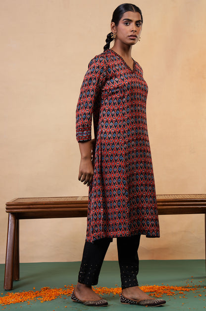 Folksong Red Clay Aztec Sequin Embellished Viscose A-Line Ajrakh Kurta