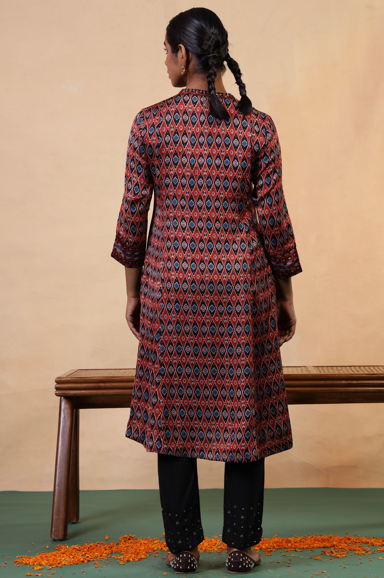 Folksong Red Clay Aztec Sequin Embellished Viscose A-Line Ajrakh Kurta