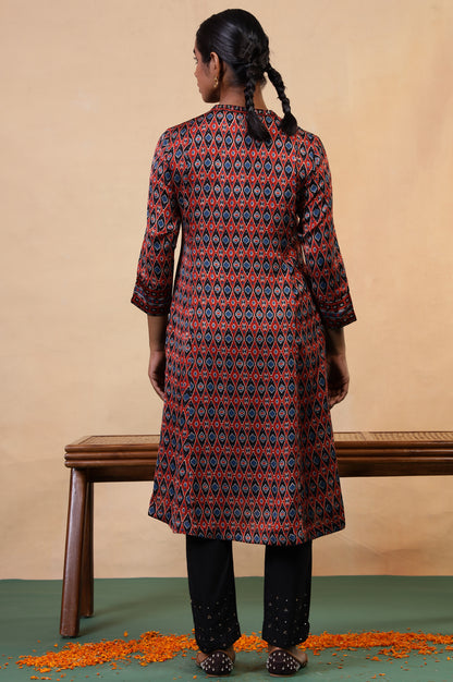 Folksong Red Clay Aztec Sequin Embellished Viscose A-Line Ajrakh Kurta
