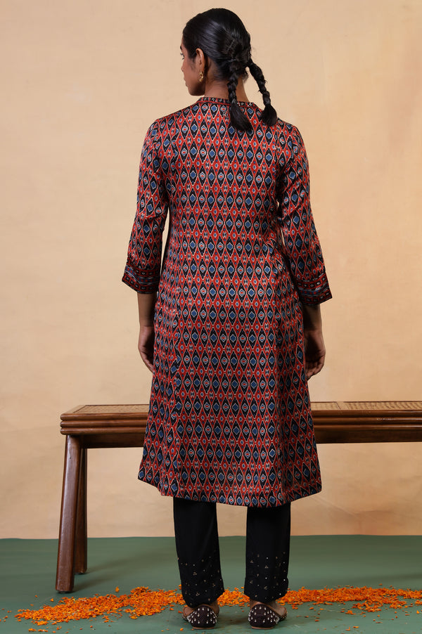 Folksong Red Clay Aztec Sequin Embellished Viscose A-Line Ajrakh Kurta