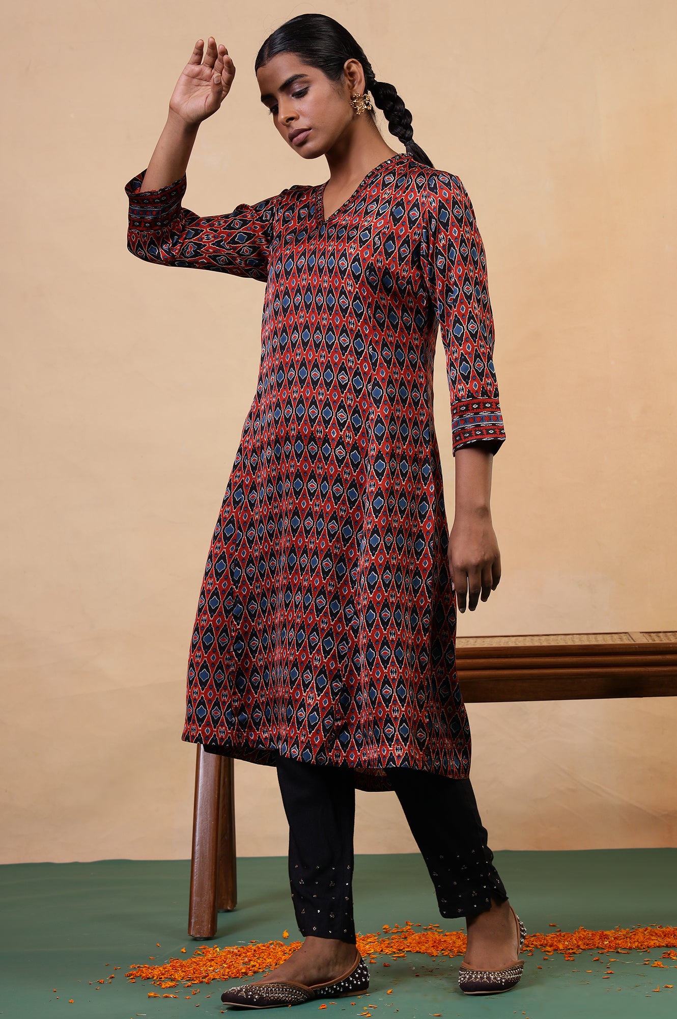 Folksong Red Clay Aztec Sequin Embellished Viscose A-Line Ajrakh Kurta