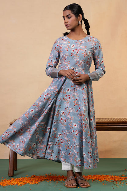 Folksong Cameo Blue Cotton Flared Floral Hand Block Printed Anarkali