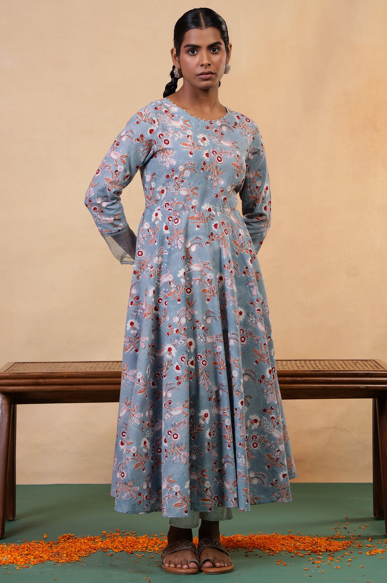 Folksong Cameo Blue Cotton Flared Floral Hand Block Printed Anarkali