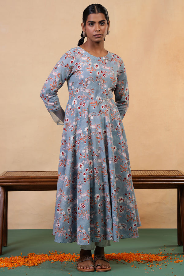 Folksong Cameo Blue Cotton Flared Floral Hand Block Printed Anarkali