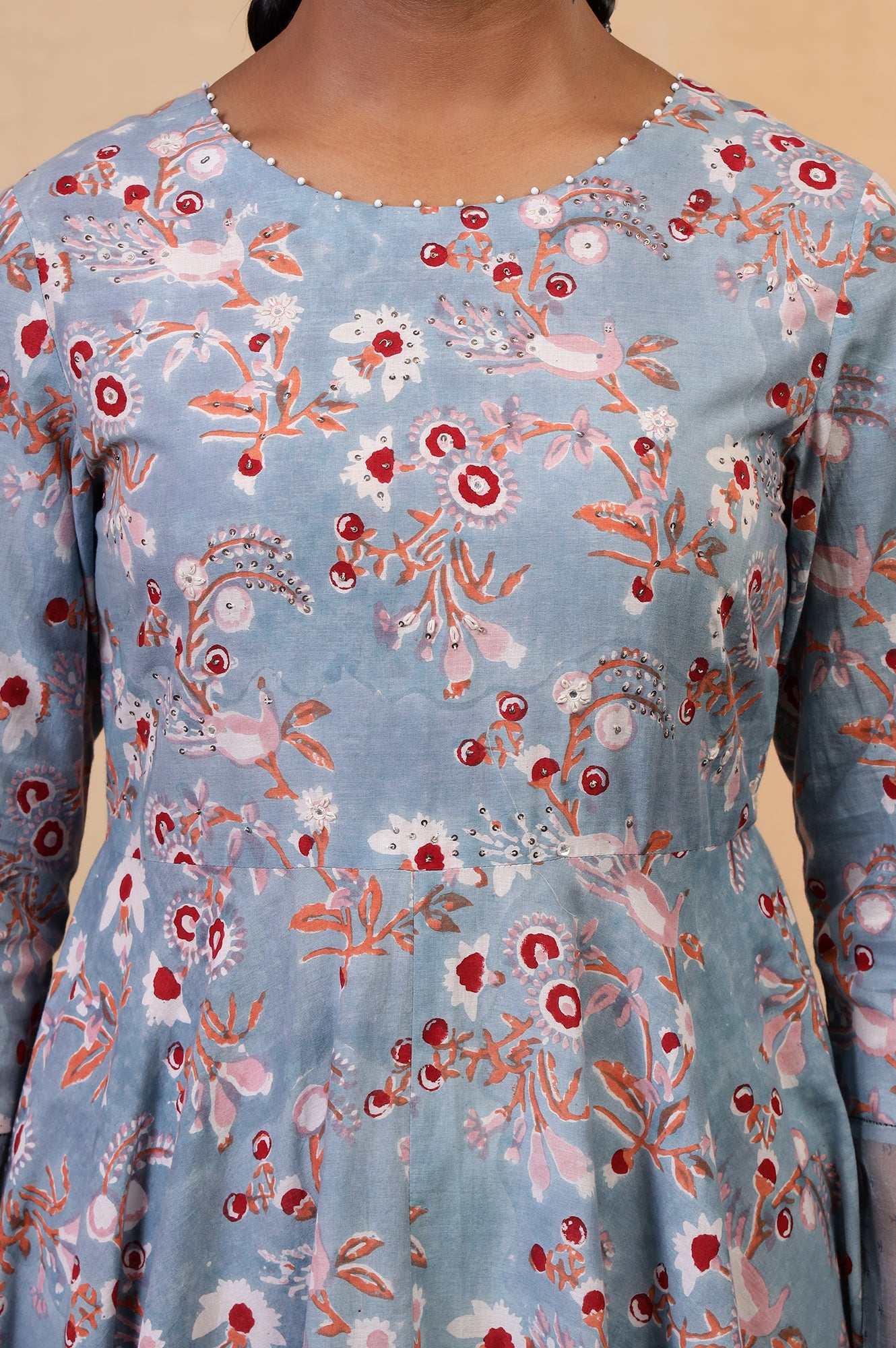 Folksong Cameo Blue Cotton Flared Floral Hand Block Printed Anarkali