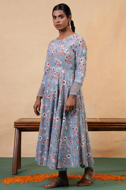 Folksong Cameo Blue Cotton Flared Floral Hand Block Printed Anarkali