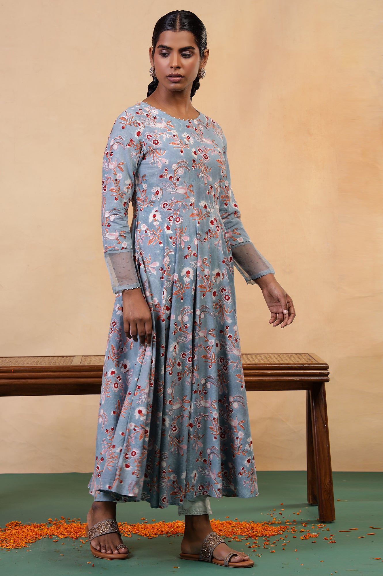 Folksong Cameo Blue Cotton Flared Floral Hand Block Printed Anarkali