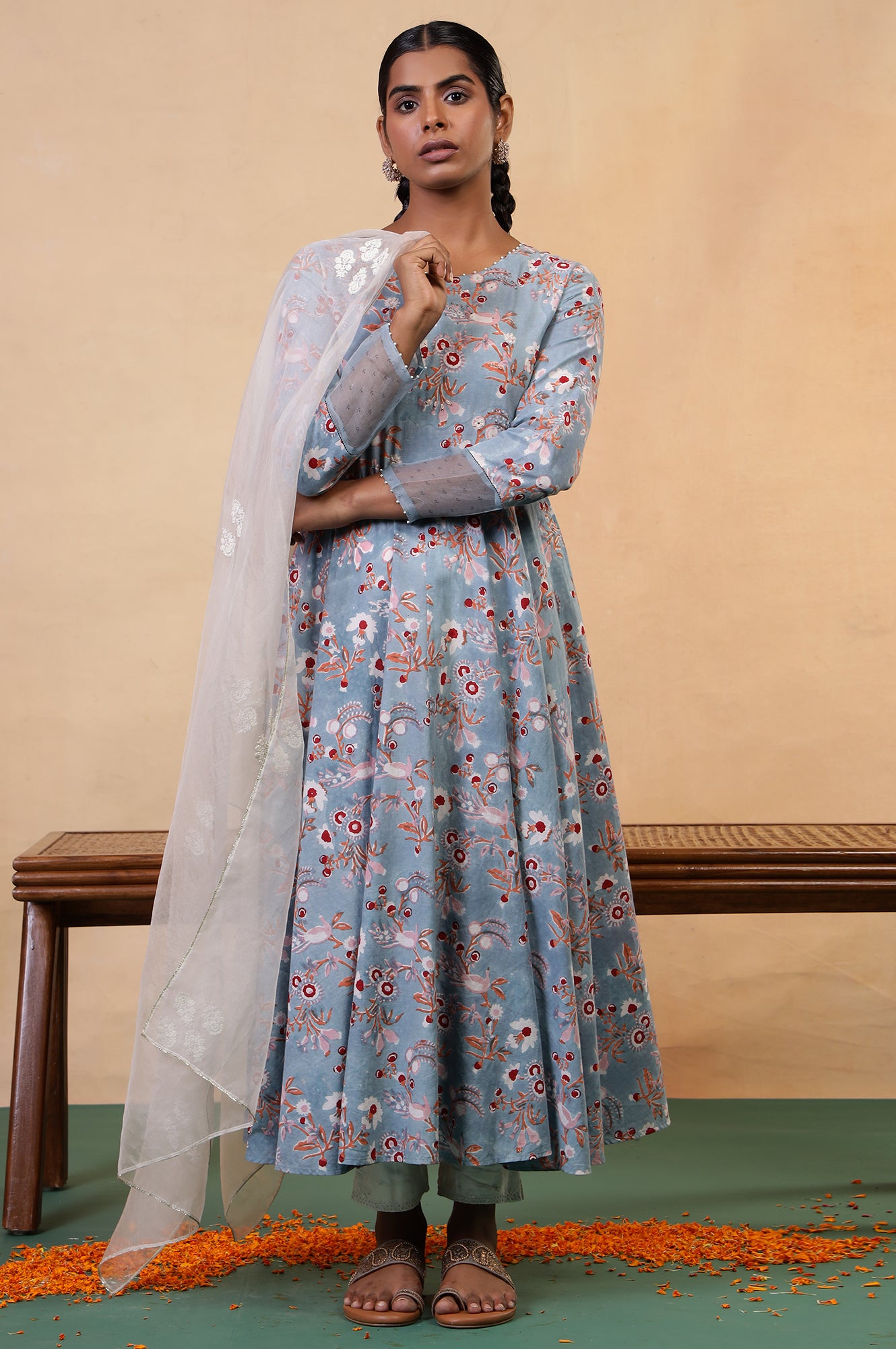 Folksong Cameo Blue Cotton Flared Floral Hand Block Printed Anarkali