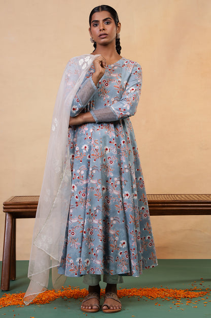 Folksong Cameo Blue Cotton Flared Floral Hand Block Printed Anarkali