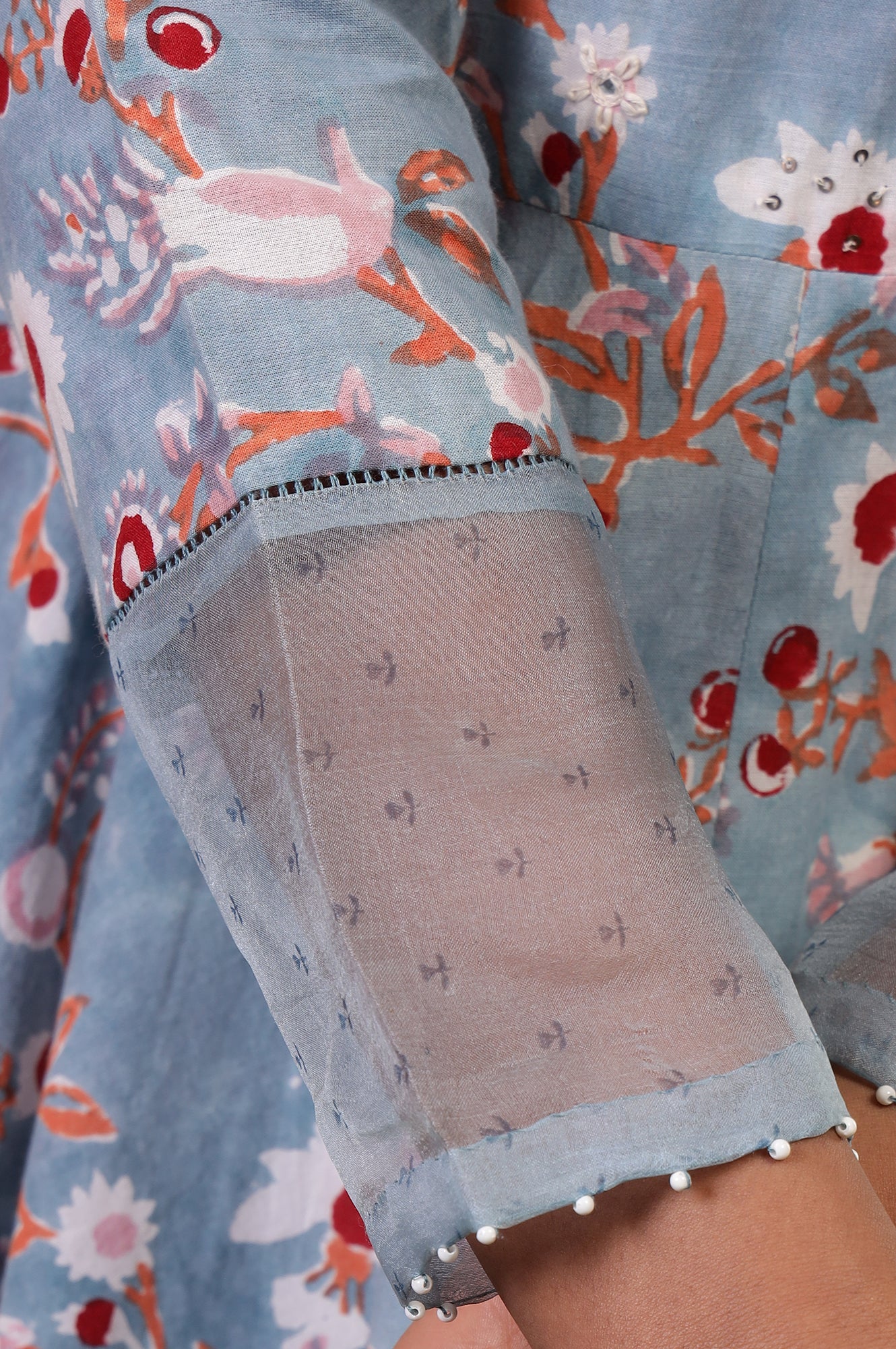 Folksong Cameo Blue Cotton Flared Floral Hand Block Printed Anarkali