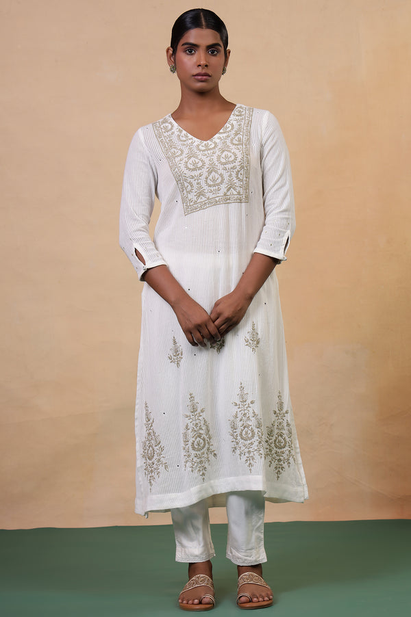 Folksong Off White Cotton A-Line Embroidered Chikankari Regular Kurta