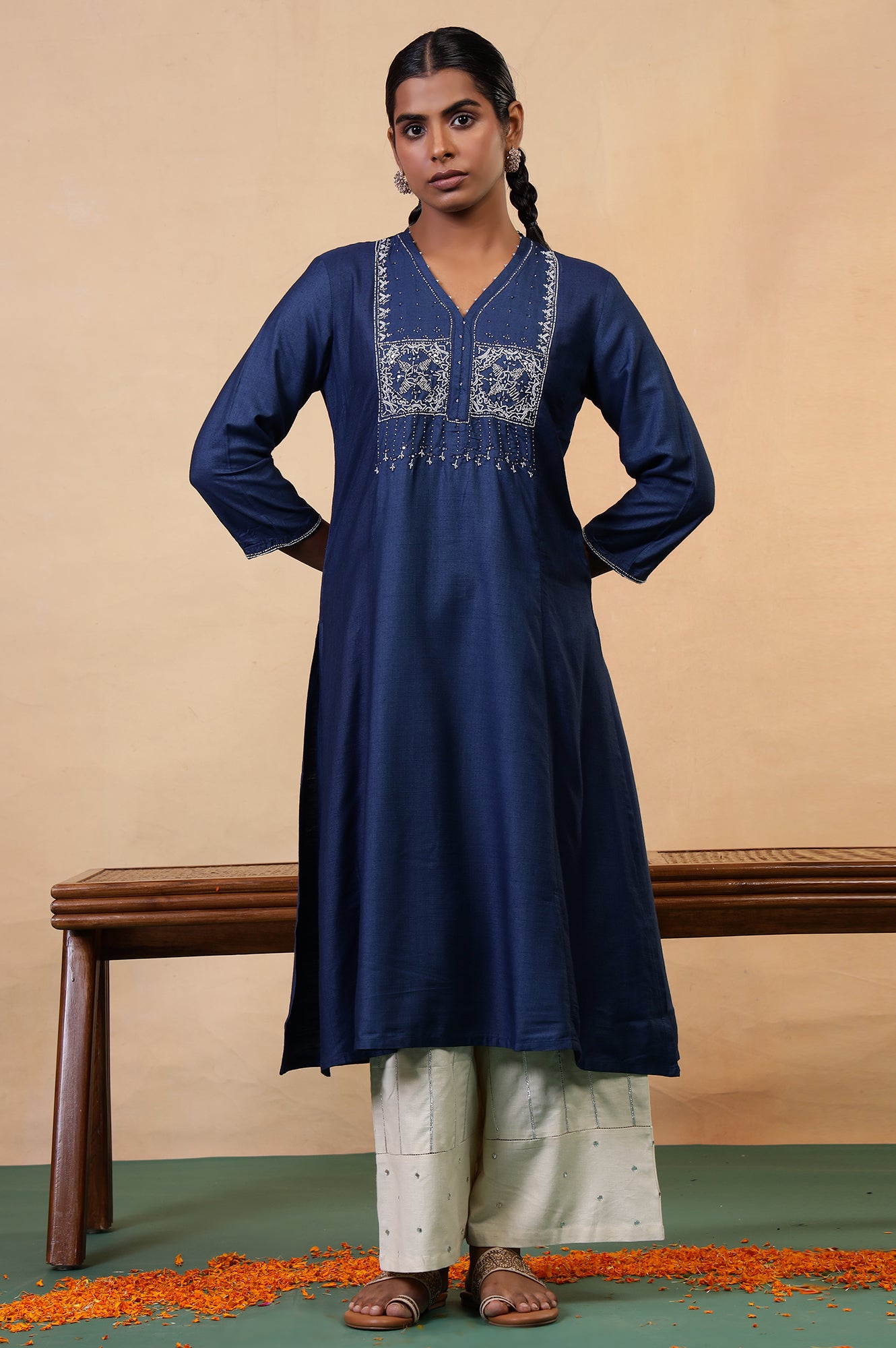 Folksong Classic Blue Viscose Blend Flared Beaded Regular Kurta