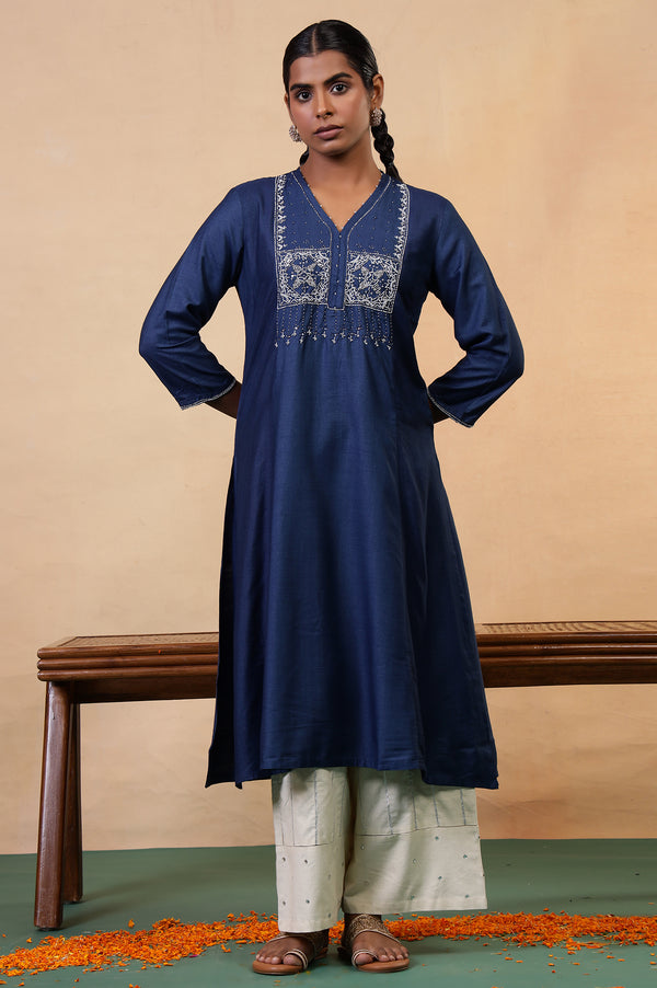 Folksong Classic Blue Viscose Blend Flared Beaded Regular Kurta