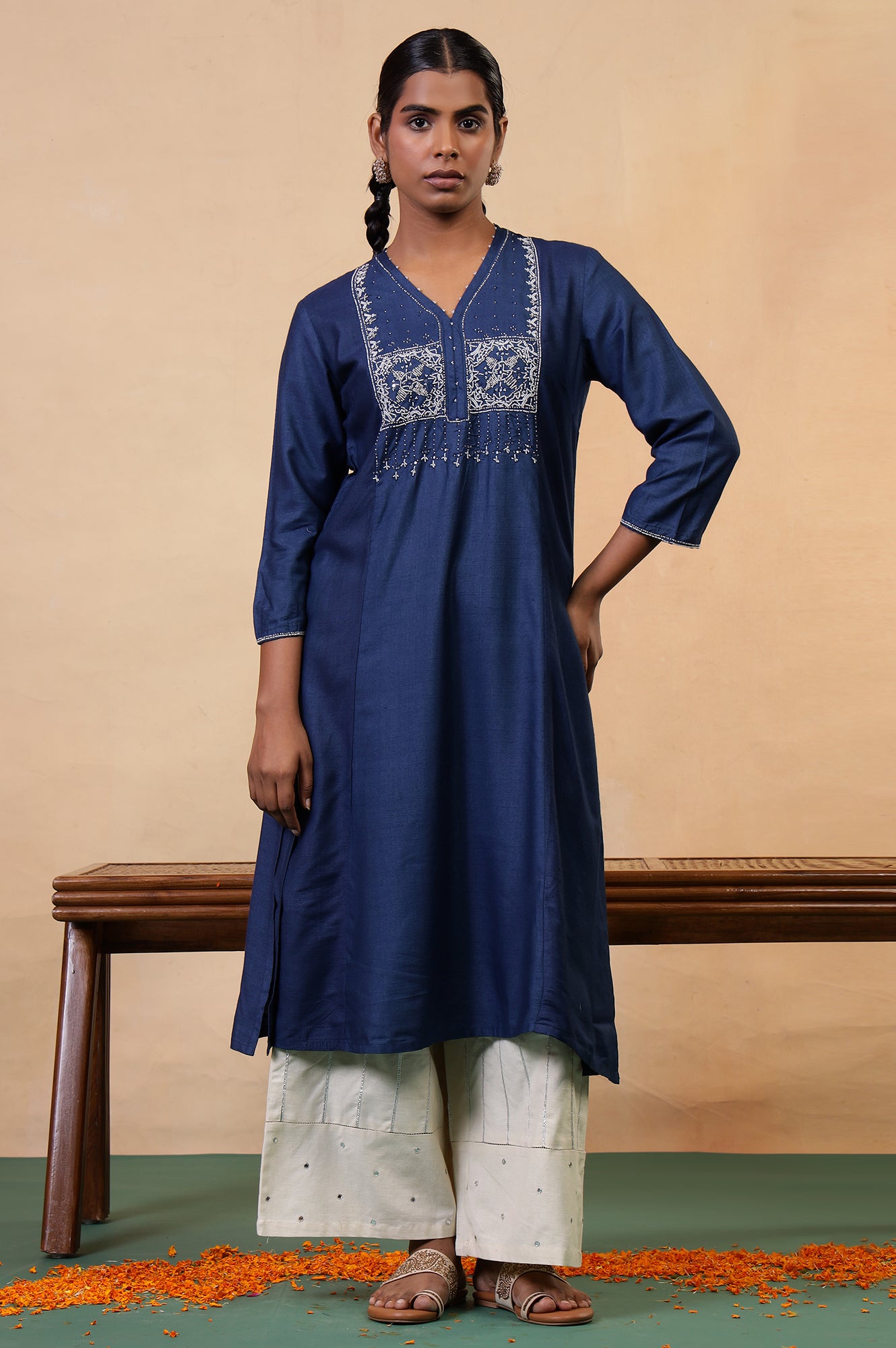 Folksong Classic Blue Viscose Blend Flared Beaded Regular Kurta
