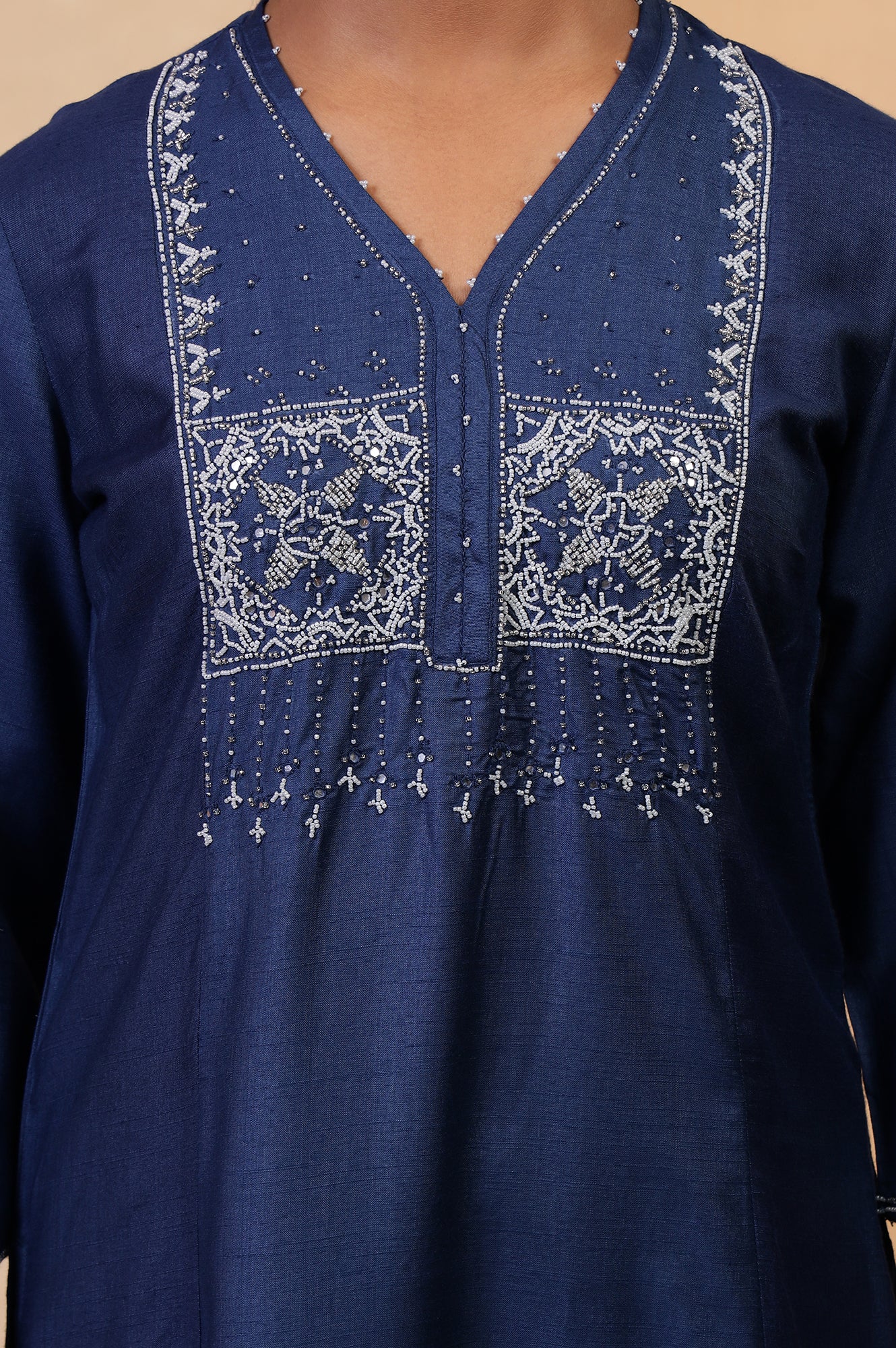 Folksong Classic Blue Viscose Blend Flared Beaded Regular Kurta